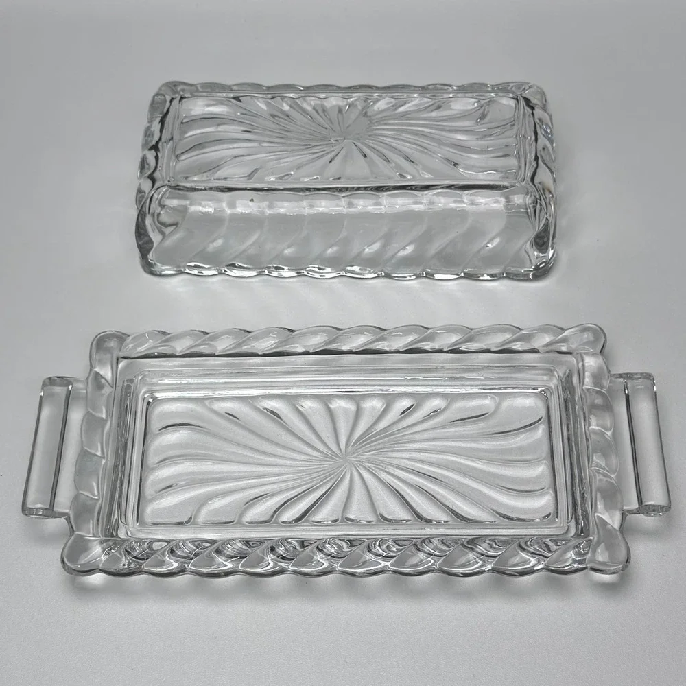 Vintage Clear Pressed Glass Butter Dish Sunburst Swirl Pattern Handled Tray Lid